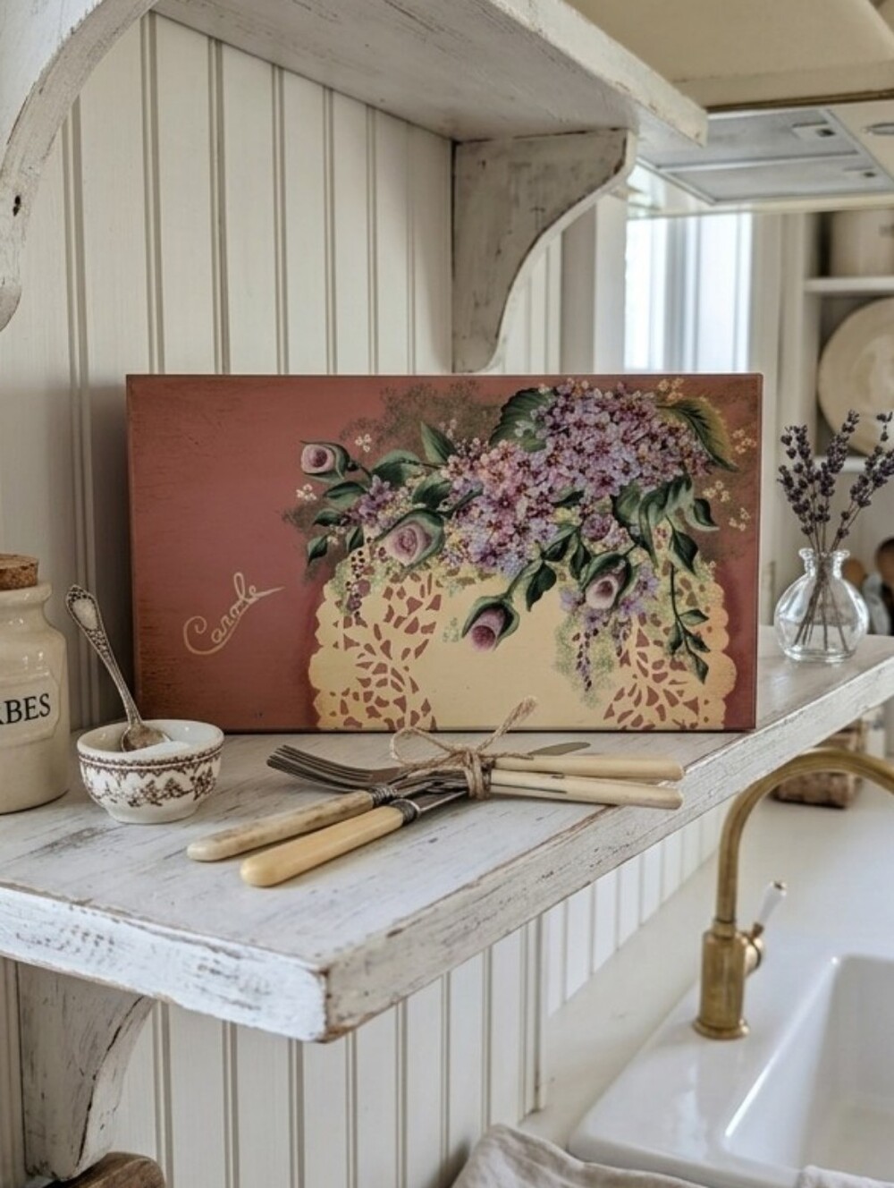 Vintage Hand‑Painted Wooden Keepsake Box – Floral Lace Design – Blush Pink